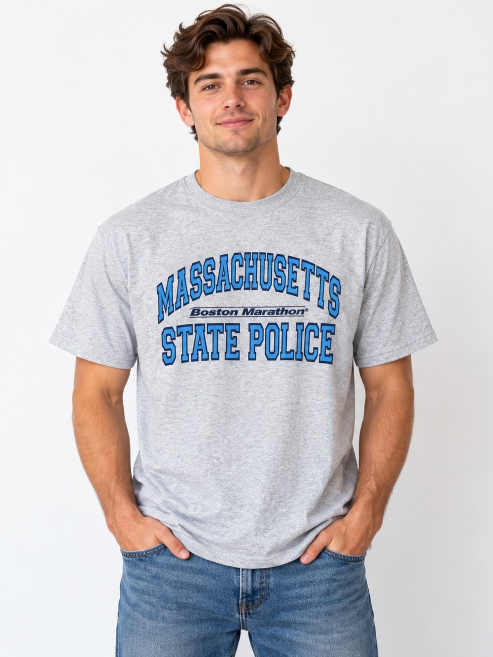 Hanes Gray Short Sleeve Tee with Blue 'Massachusetts State Police' Graphic